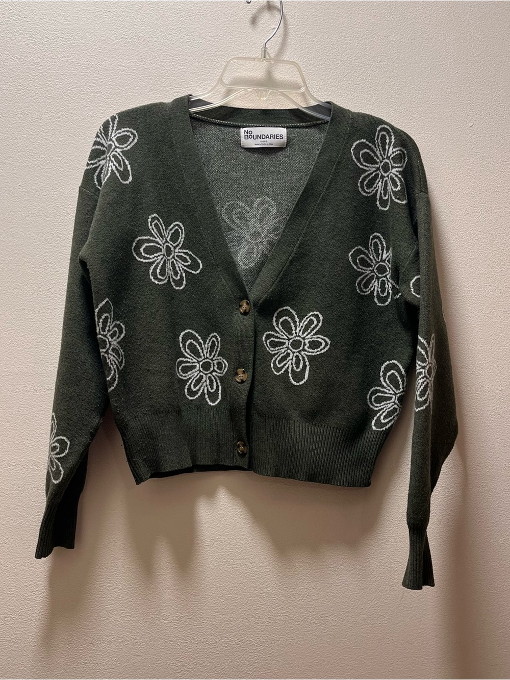 No Boundaries Preppy Floral Print Green Button-Up Cardigan Sweater, Sz XS (02)